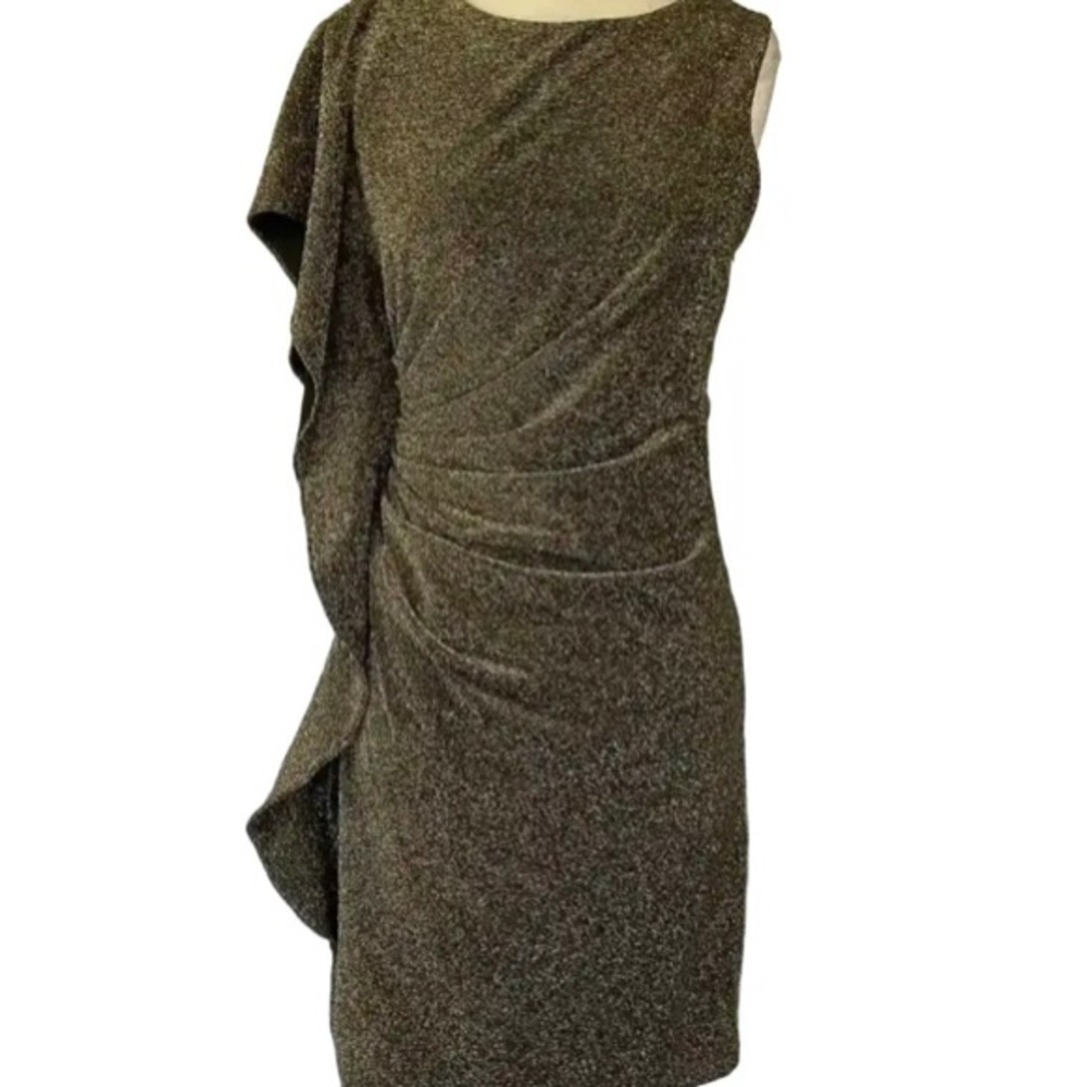 Vince Camuto Women's Cocktail Dress Size 16 Gold Metallic Knit Ruffled Sheath